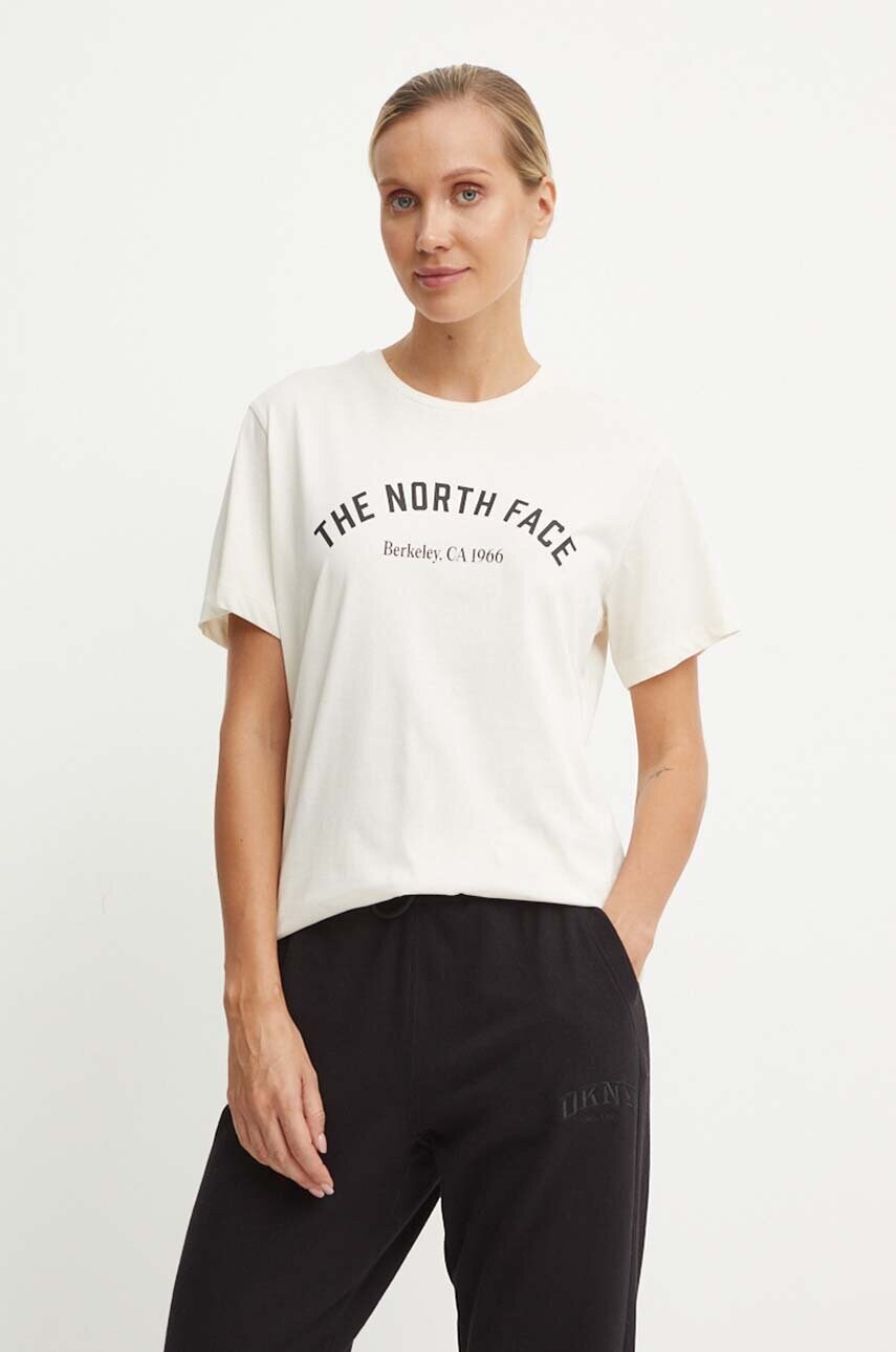 The North Face tricou din bumbac Tee Varsity Graphic femei, culoarea bej, NF0A89CQQLI1