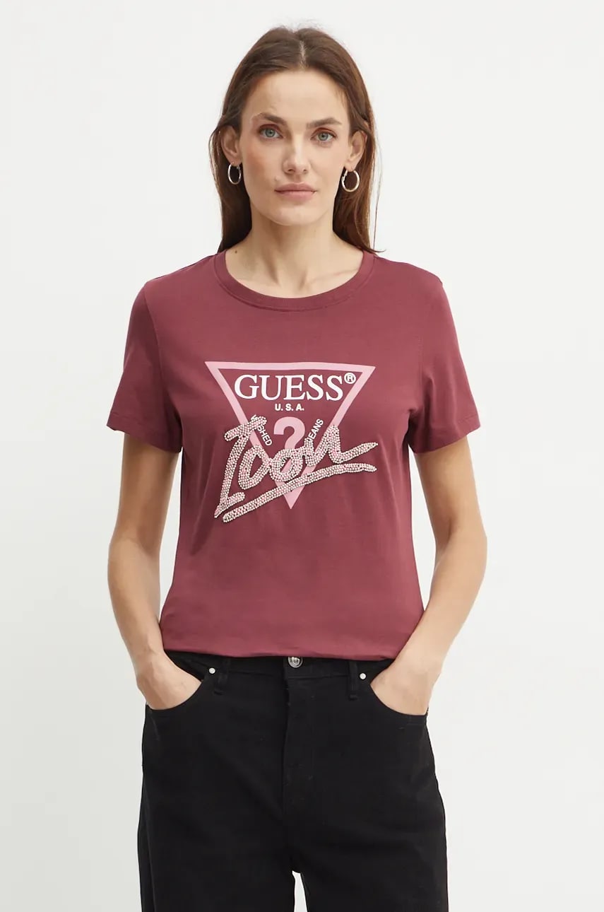 Levně Bavlněné tričko Guess vínová barva, W4BI20 I3Z14