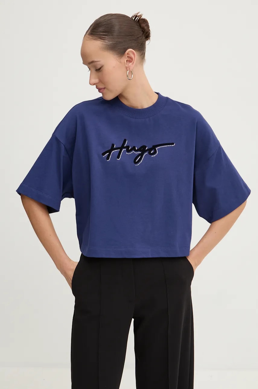 HUGO tricou din bumbac femei, culoarea albastru marin, 50525278