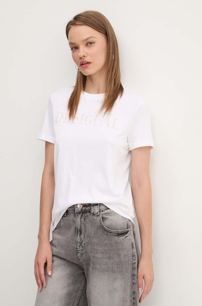 Desigual tricou din bumbac BRANDY femei, culoarea alb, 24WWTK24