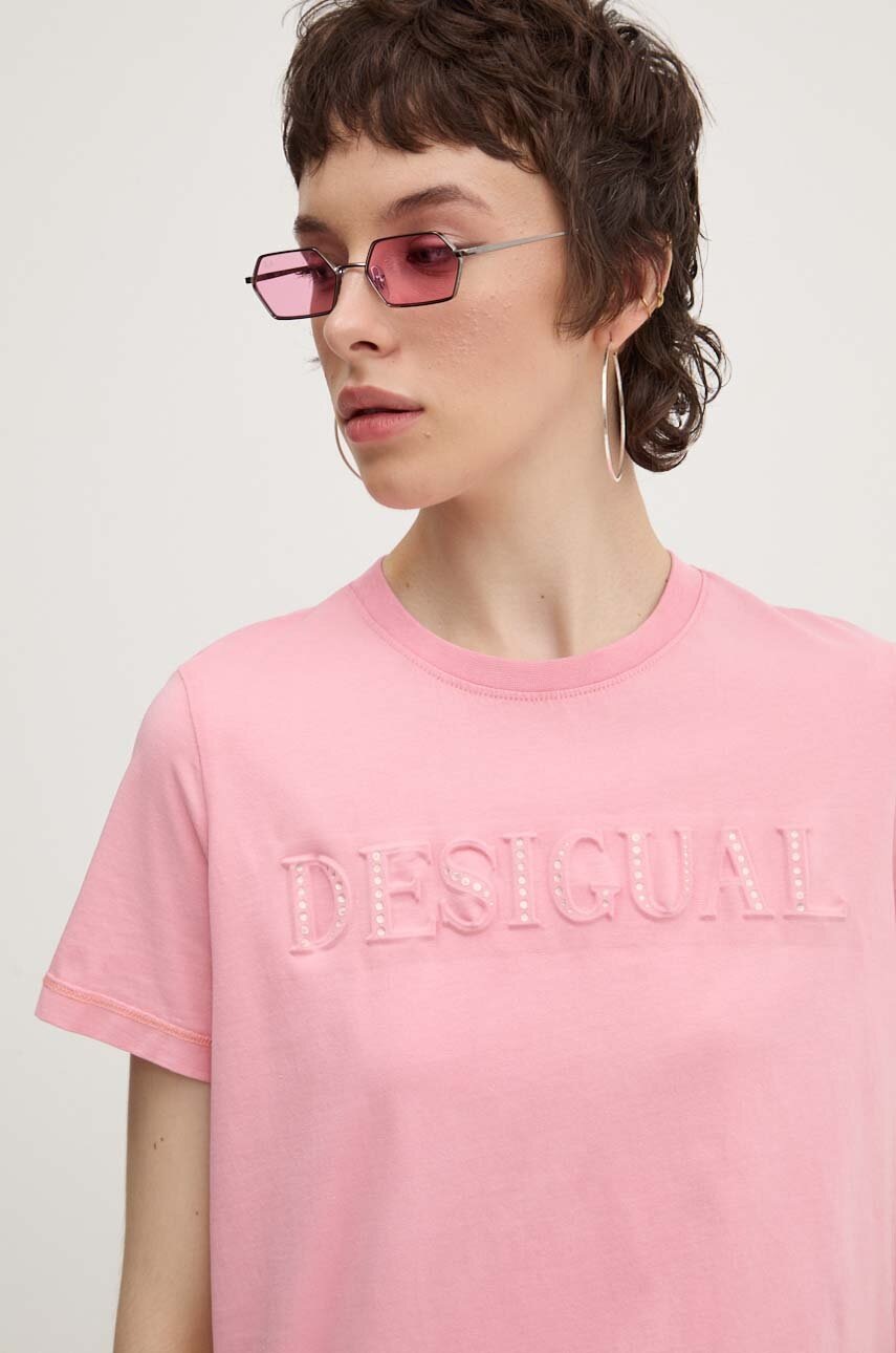 Βαμβακερό μπλουζάκι Desigual BRANDY γυναικείο, χρώμα: ροζ, 24WWTK24 φωτογραφία