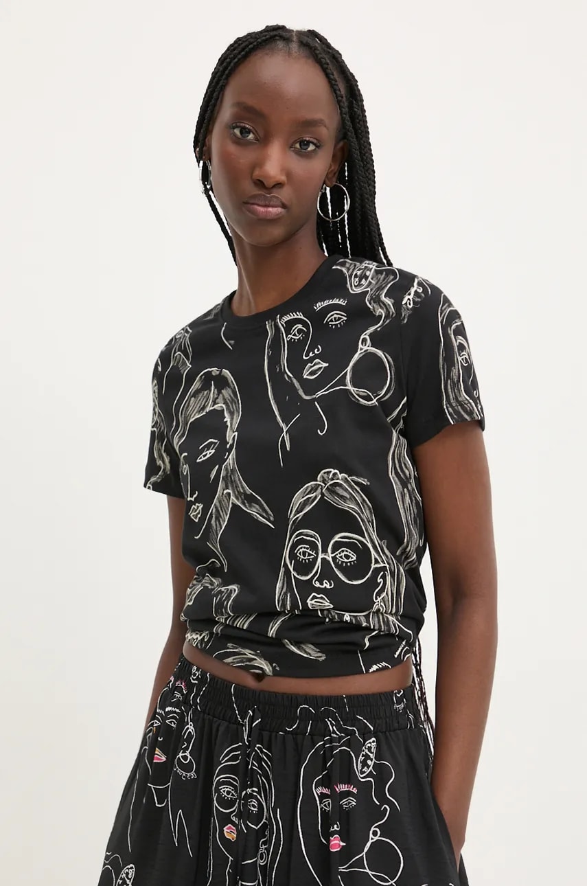 Desigual tricou din bumbac CARAS femei, culoarea negru, 24WWTK54 Desigual tricou din bumbac CARAS femei, culoarea negru, 24WWTK54