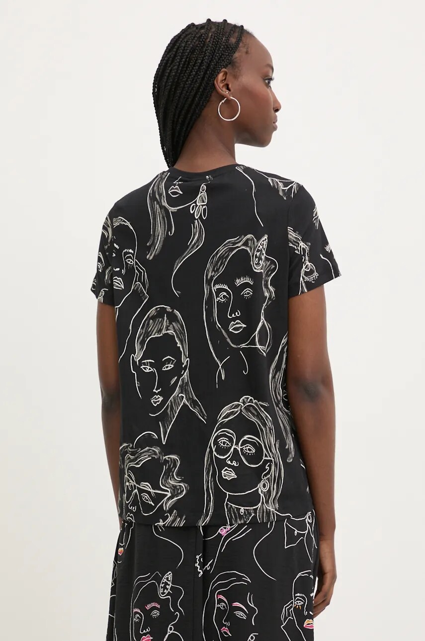 Desigual pamut póló CARAS női, fekete, 24WWTK54 termék 2. képe