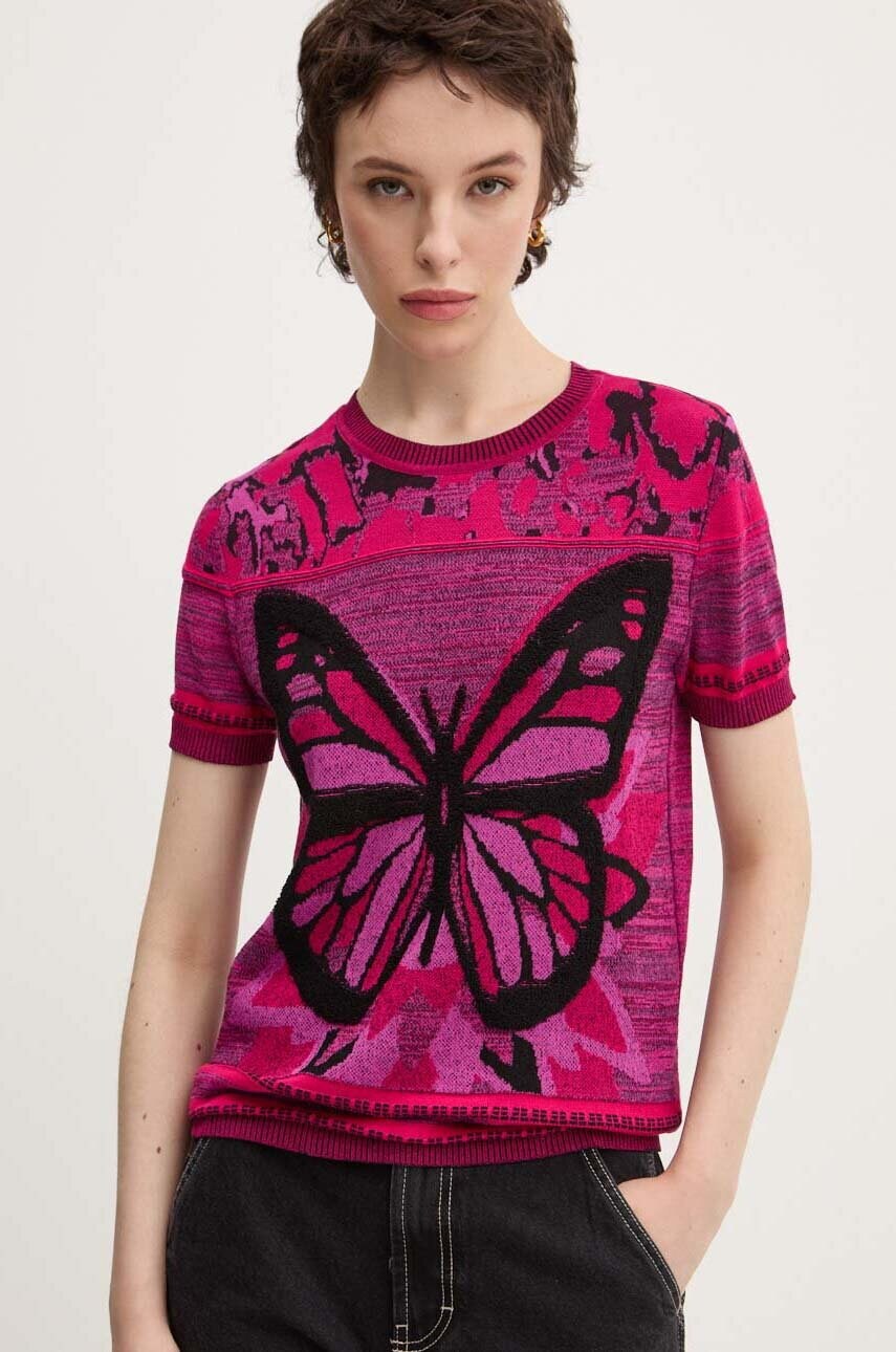 Desigual tricou BUTTERFLY femei, culoarea roz, 24WWTK08