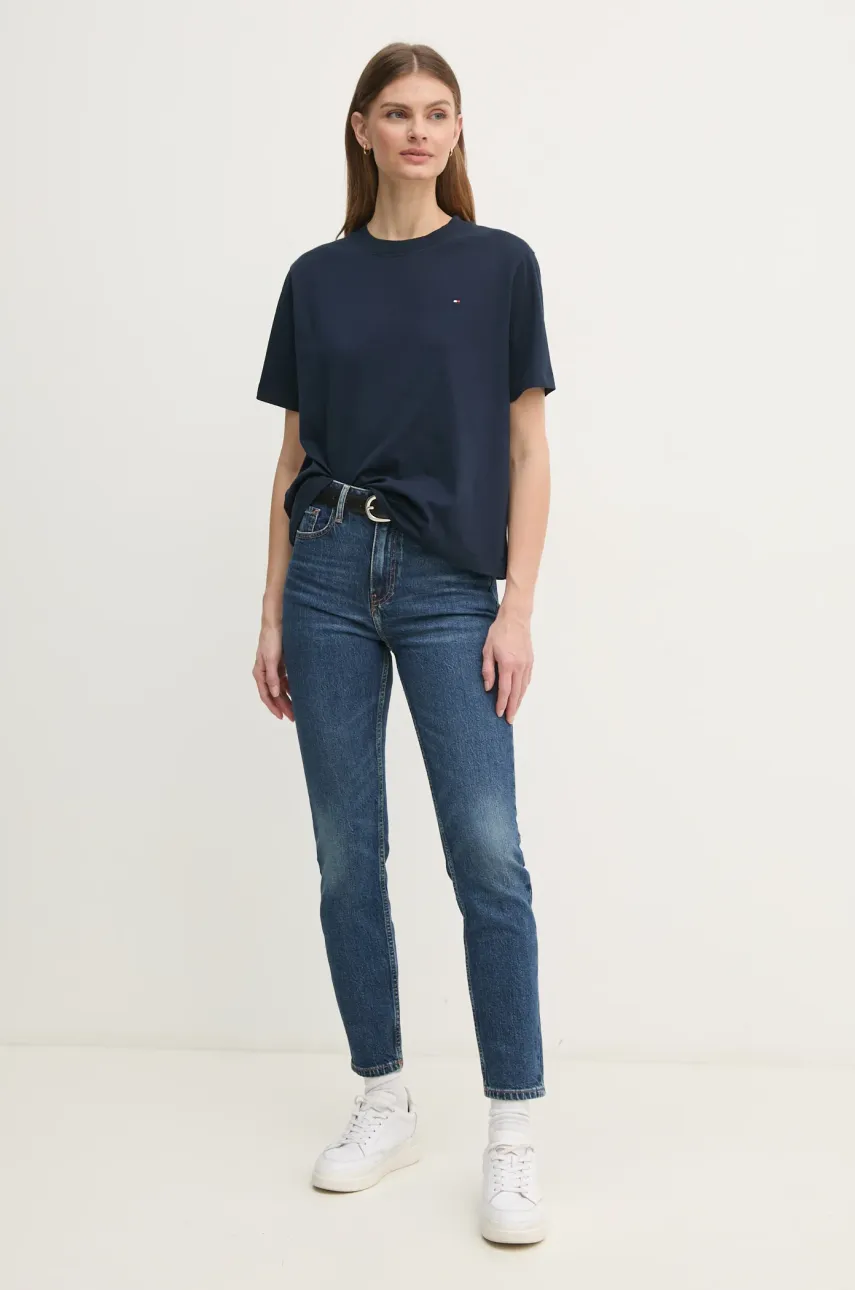 Хлопковая футболка Tommy Hilfiger женская цвет синий WW0WW43597 Хлопковая футболка Tommy Hilfiger женская цвет синий WW0WW43597