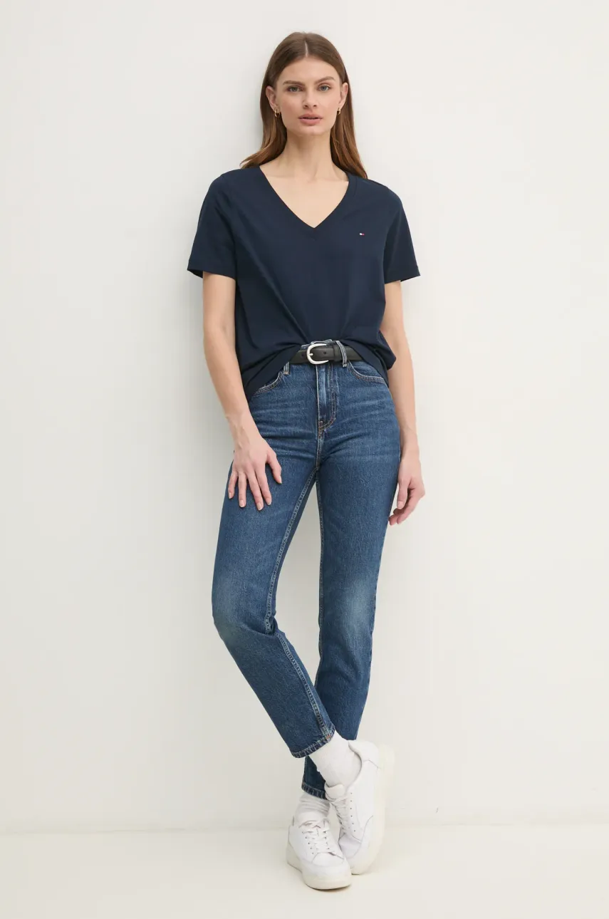 Хлопковая футболка Tommy Hilfiger женская цвет синий WW0WW44177 Хлопковая футболка Tommy Hilfiger женская цвет синий WW0WW44177