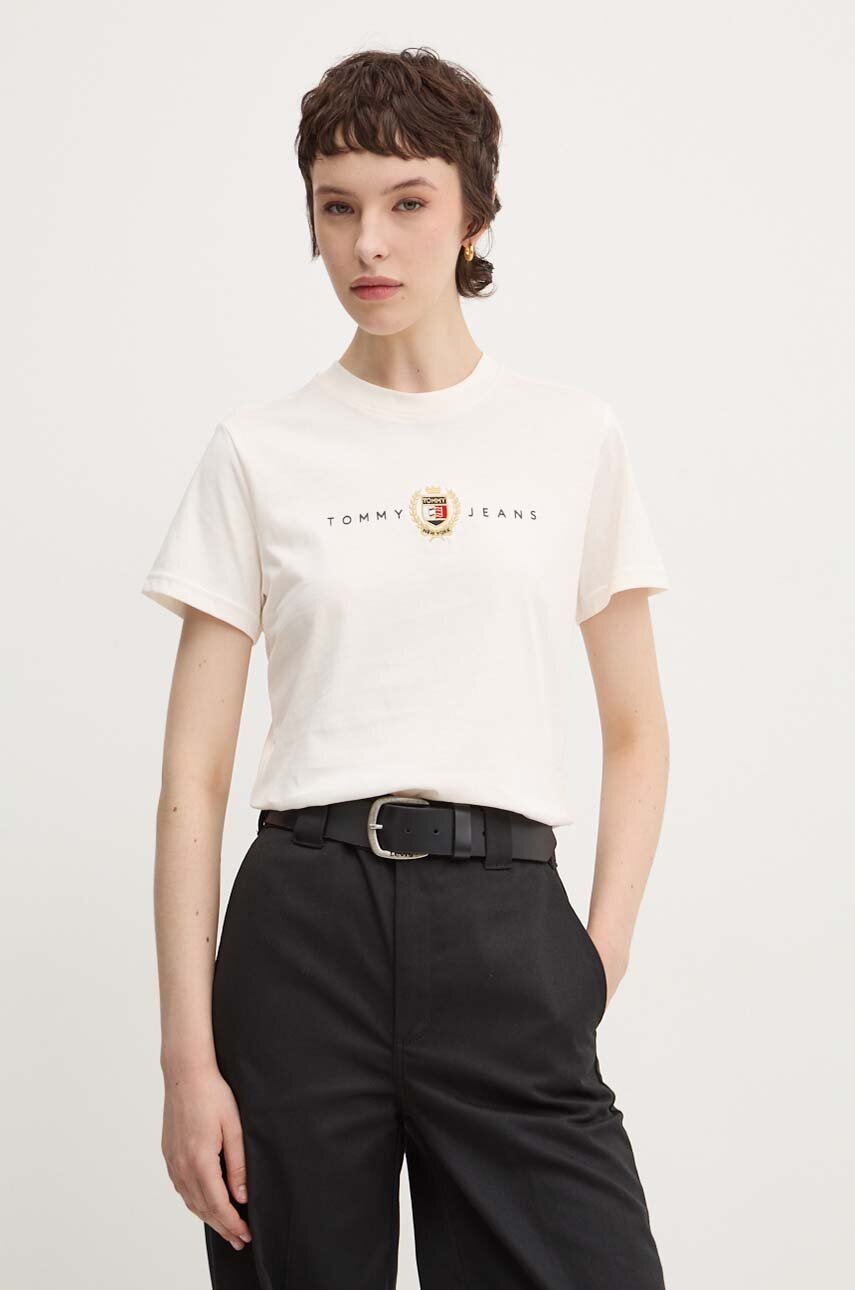 

Памучна тениска Tommy Jeans в бежово DW0DW18795, Бежов