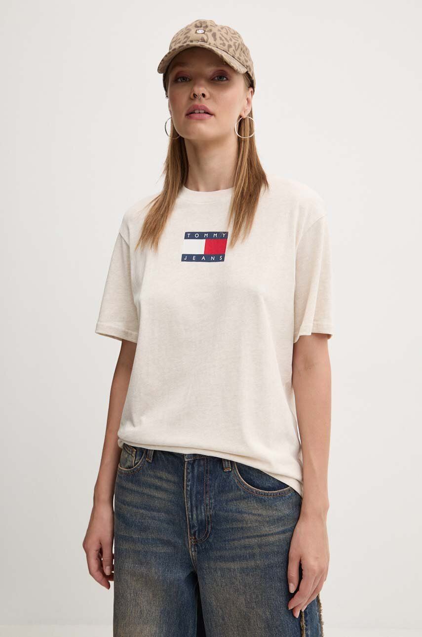 Tommy Jeans tricou din bumbac femei, culoarea bej, DW0DW18796