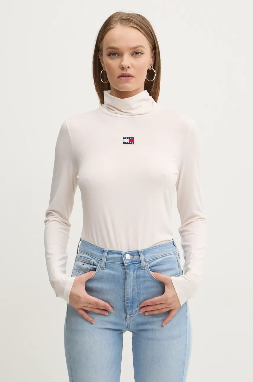 Tommy Jeans longsleeve femei, culoarea bej, cu guler, DW0DW18806