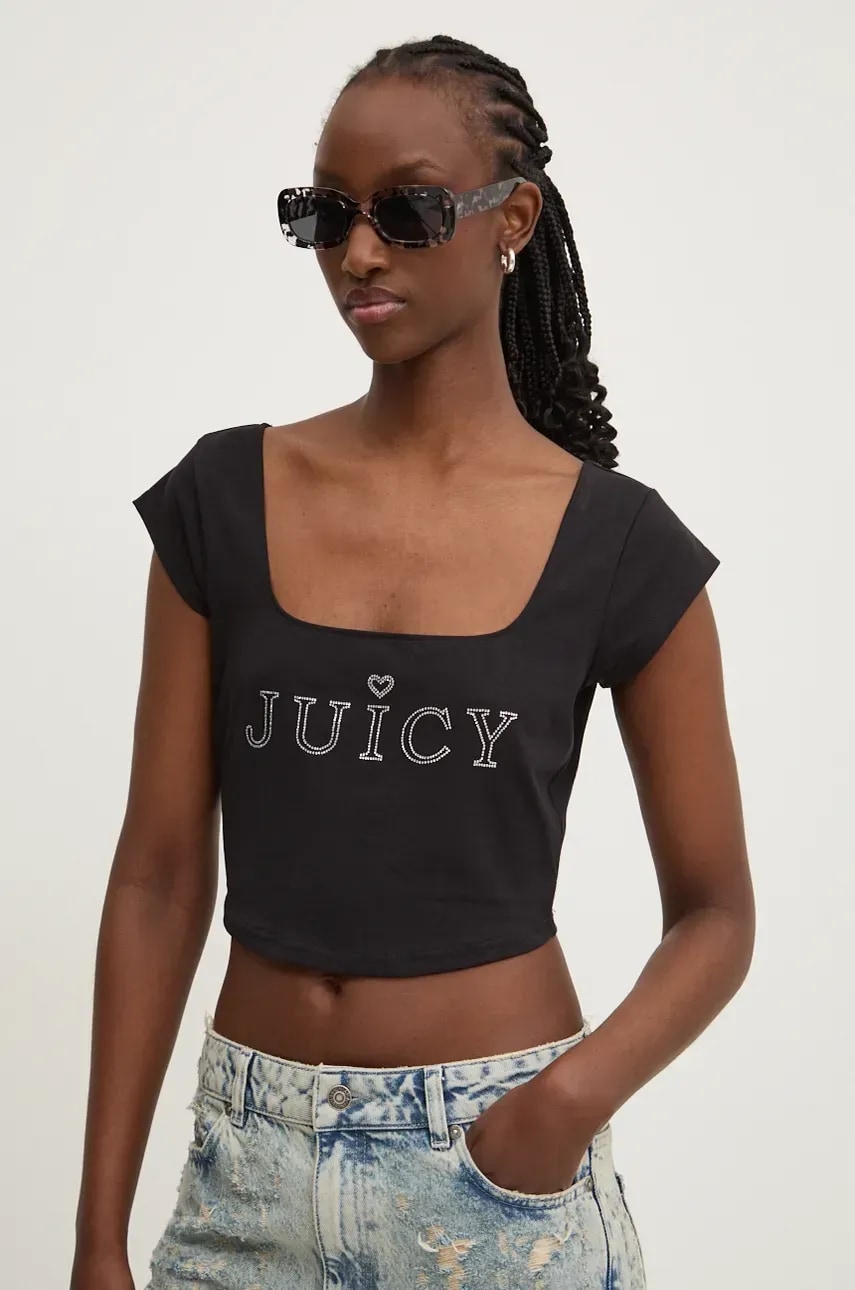 Juicy Couture tricou REGAL SQUARE NECK CROPPED TEE femei, culoarea negru, JCBCT224831 Juicy Couture tricou REGAL SQUARE NECK CROPPED TEE femei, culoarea negru, JCBCT224831