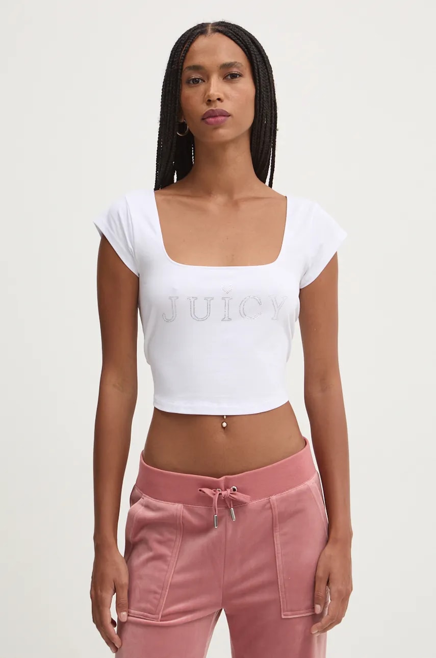 Juicy Couture top REGAL SQUARE NECK CROPPED TEE femei, culoarea alb, JCBCT224831 Juicy Couture top REGAL SQUARE NECK CROPPED TEE femei, culoarea alb, JCBCT224831