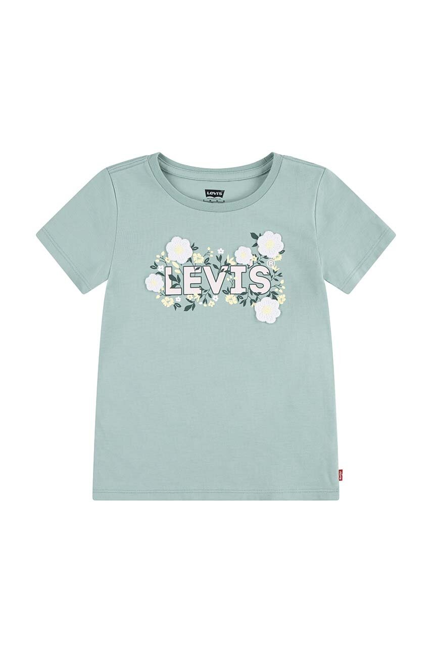 

Детска памучна тениска Levi's WILDFLOWERS BATWING TEE в тюркоазено 4EL036, Тюркоазен