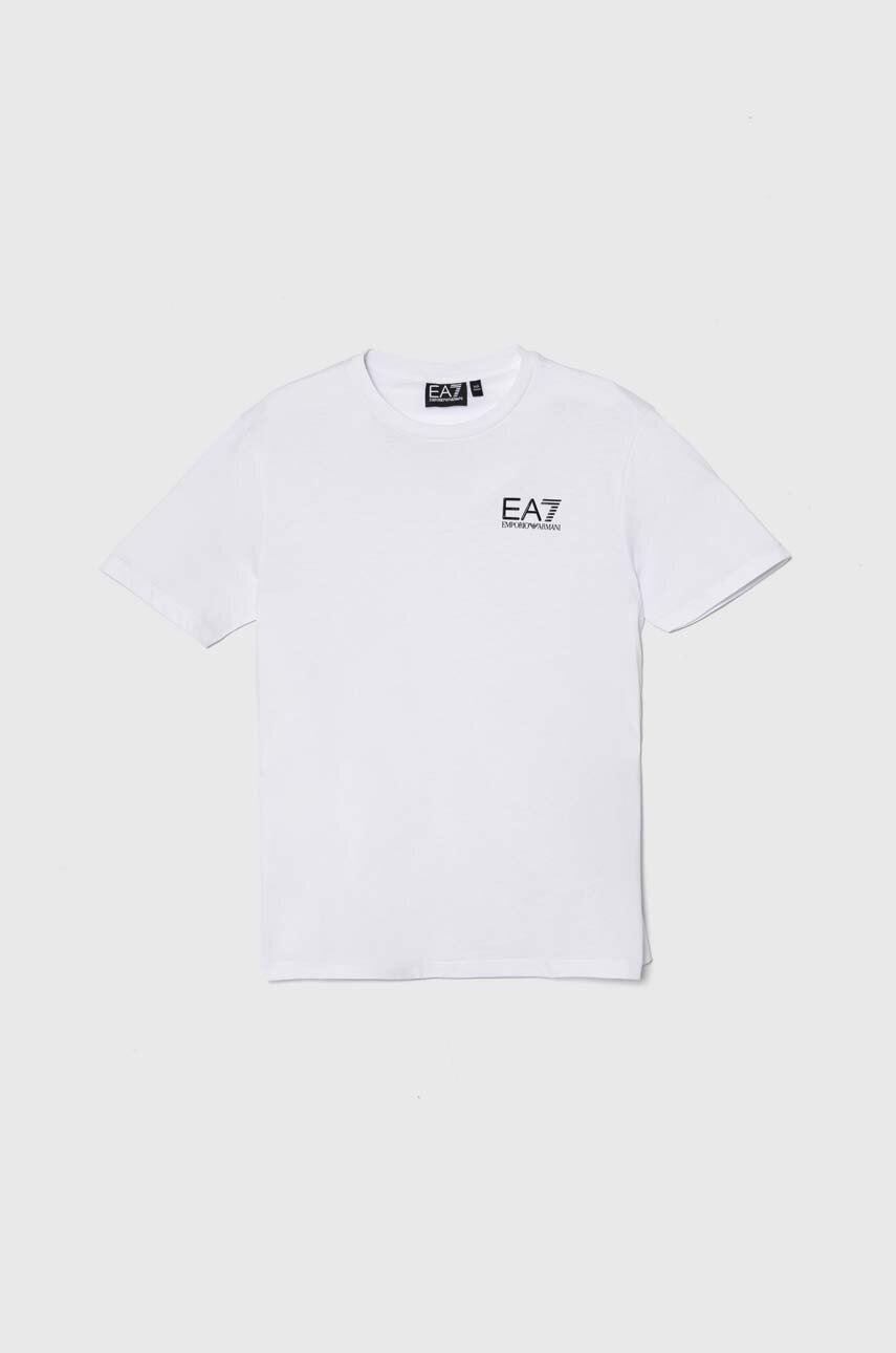 

Детска памучна тениска EA7 Emporio Armani в бяло с принт 8NBT51 BJ02Z, Бял