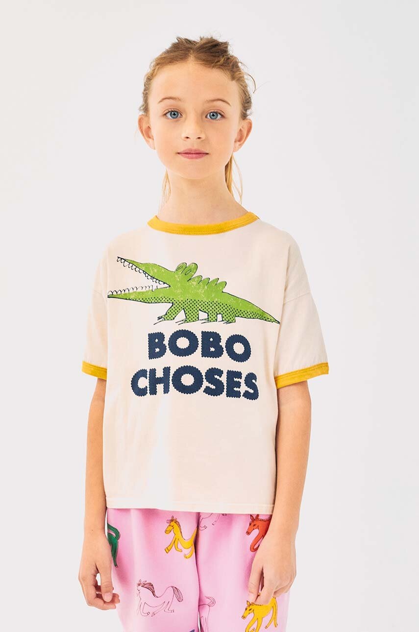 

Детска памучна тениска Bobo Choses Talking Crocodile в бежово с принт 224AC002, Бежов