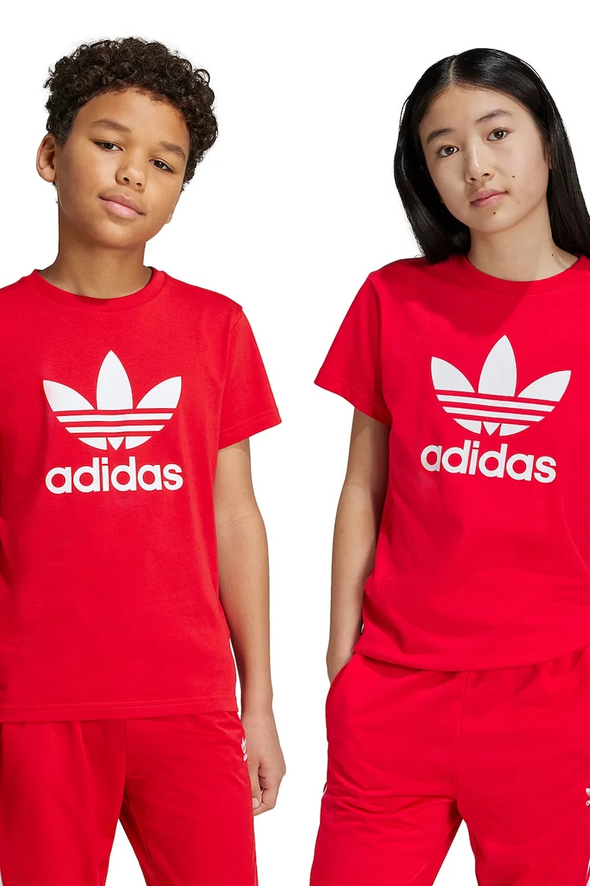 adidas Originals tricou de bumbac pentru copii TREFOIL TEE culoarea rosu, cu imprimeu, IY7423 adidas Originals tricou de bumbac pentru copii TREFOIL TEE culoarea rosu, cu imprimeu, IY7423