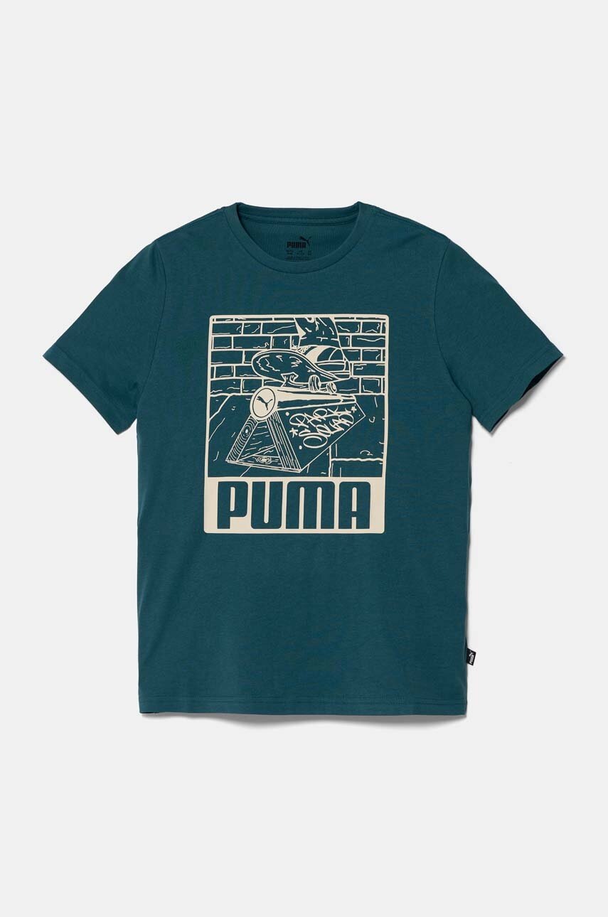 

Детска памучна тениска Puma ESS+ MID 90sphic Tee в зелено с принт 681873, Тюркоазен