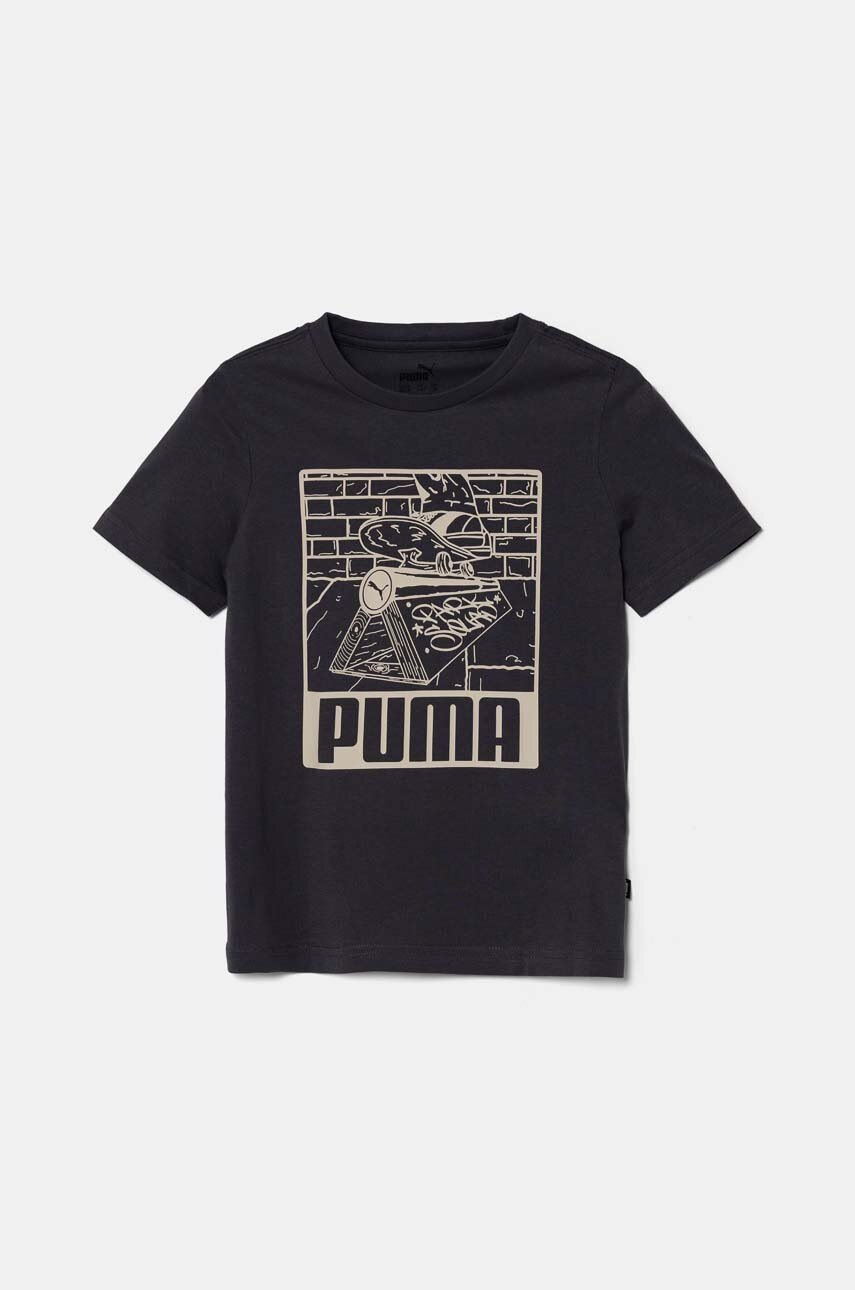 

Детска памучна тениска Puma ESS+ MID 90sphic Tee в сиво с принт 681873, Сив