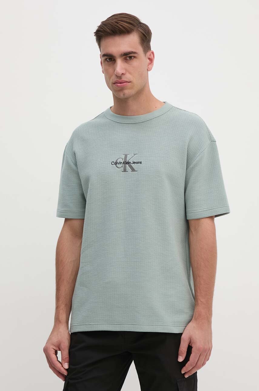 

Памучна тениска Calvin Klein Jeans в сиво с апликация J30J325645, Сив