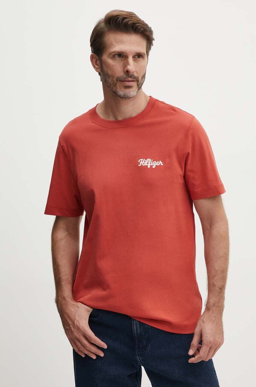 Levně Bavlněné tričko Tommy Hilfiger oranžová barva, s aplikací, MW0MW35462