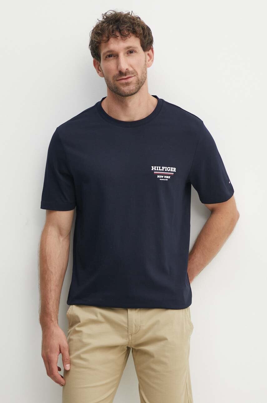 Levně Bavlněné tričko Tommy Hilfiger tmavomodrá barva, s potiskem, MW0MW36208