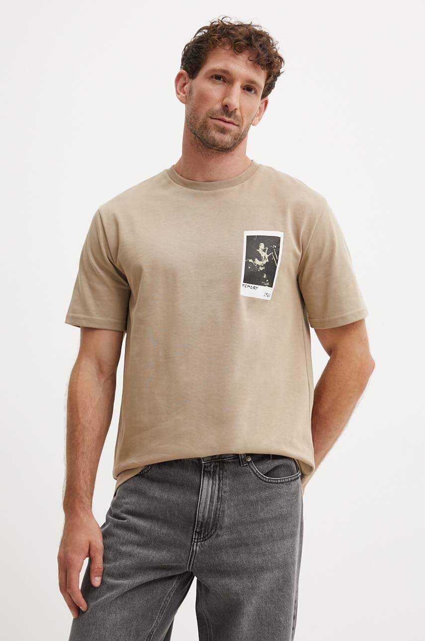 Les Deux tricou din bumbac barbati, culoarea bej, cu imprimeu, LDM101194 Les Deux tricou din bumbac barbati, culoarea bej, cu imprimeu, LDM101194