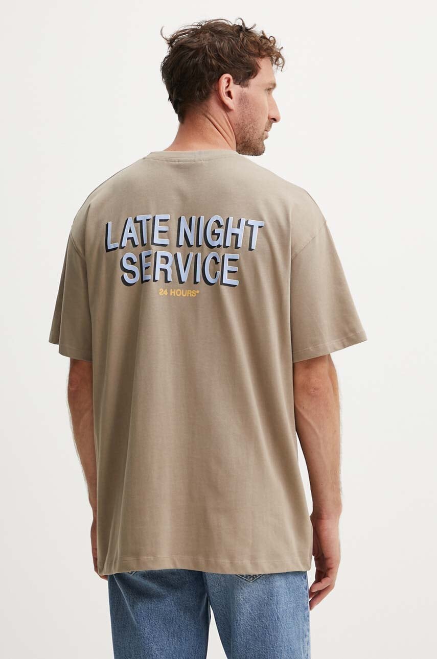 Les Deux tricou din bumbac barbati, culoarea bej, cu imprimeu, LDM101197 Les Deux tricou din bumbac barbati, culoarea bej, cu imprimeu, LDM101197