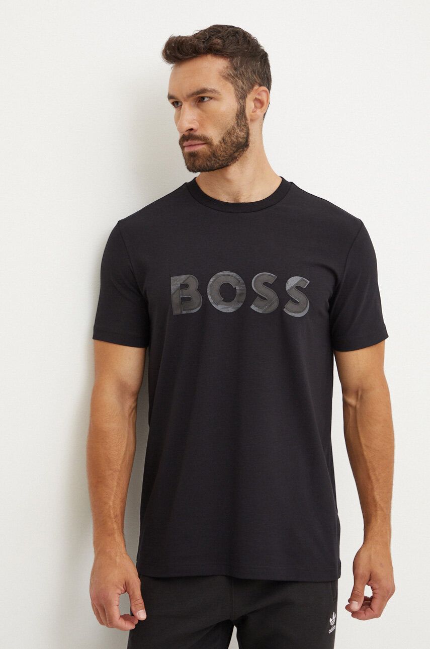 Boss Green tricou barbati, culoarea negru, cu imprimeu, 50519365