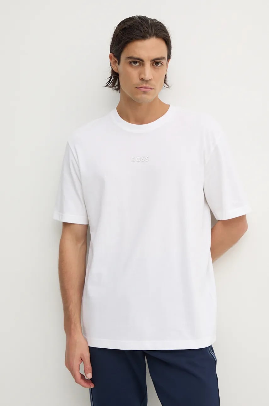 Boss Green tricou din bumbac barbati, culoarea alb, cu imprimeu, 50519368
