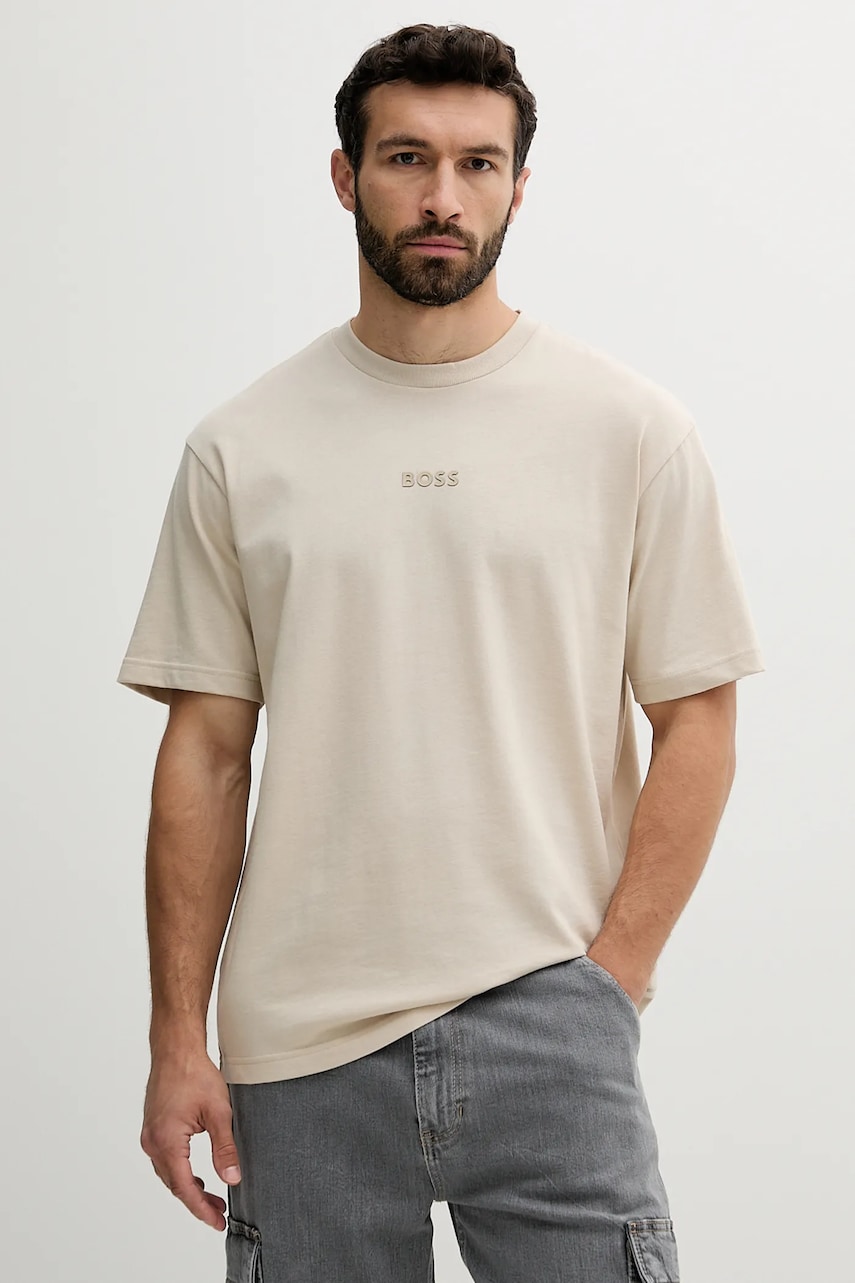 BOSS Green tricou din bumbac culoarea negru, cu imprimeu, 50519368
