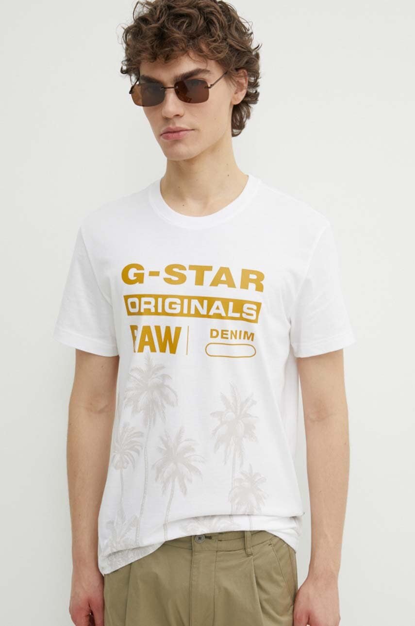 G-Star tricou din bumbac bărbați, culoarea alb, cu imprimeu, D24681-336