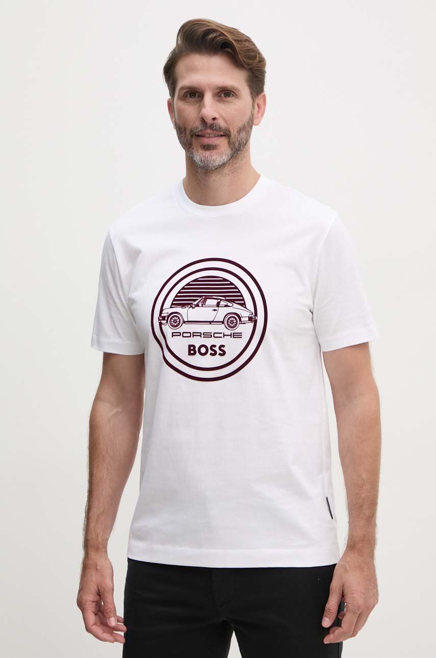 BOSS tricou din bumbac x Porsche barbati, culoarea alb, cu imprimeu, 50522795