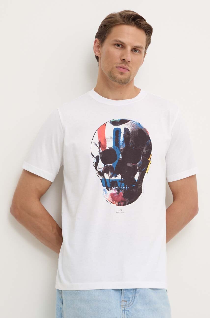 PS Paul Smith tricou din bumbac barbati, culoarea alb, cu imprimeu, M2R.011R.NP4685 PS Paul Smith tricou din bumbac barbati, culoarea alb, cu imprimeu, M2R.011R.NP4685