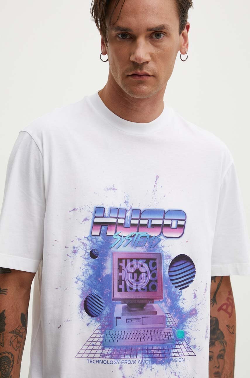 

Памучна тениска Hugo Blue в бяло с принт 50519048, Бял