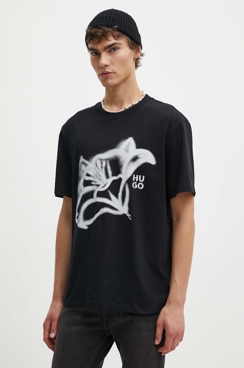 HUGO tricou din bumbac barbati, culoarea negru, cu imprimeu, 50516711