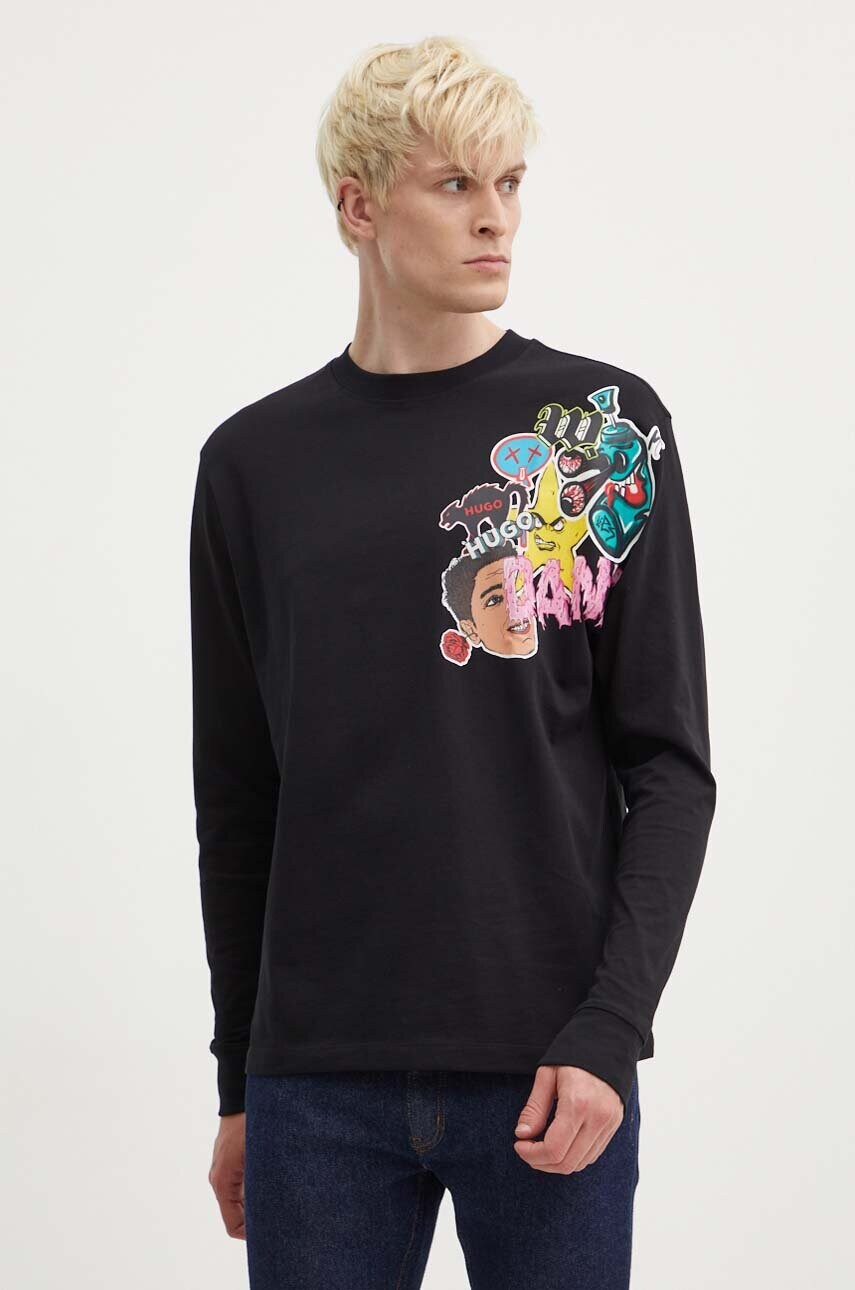 HUGO longsleeve din bumbac culoarea negru, cu imprimeu, 50517639