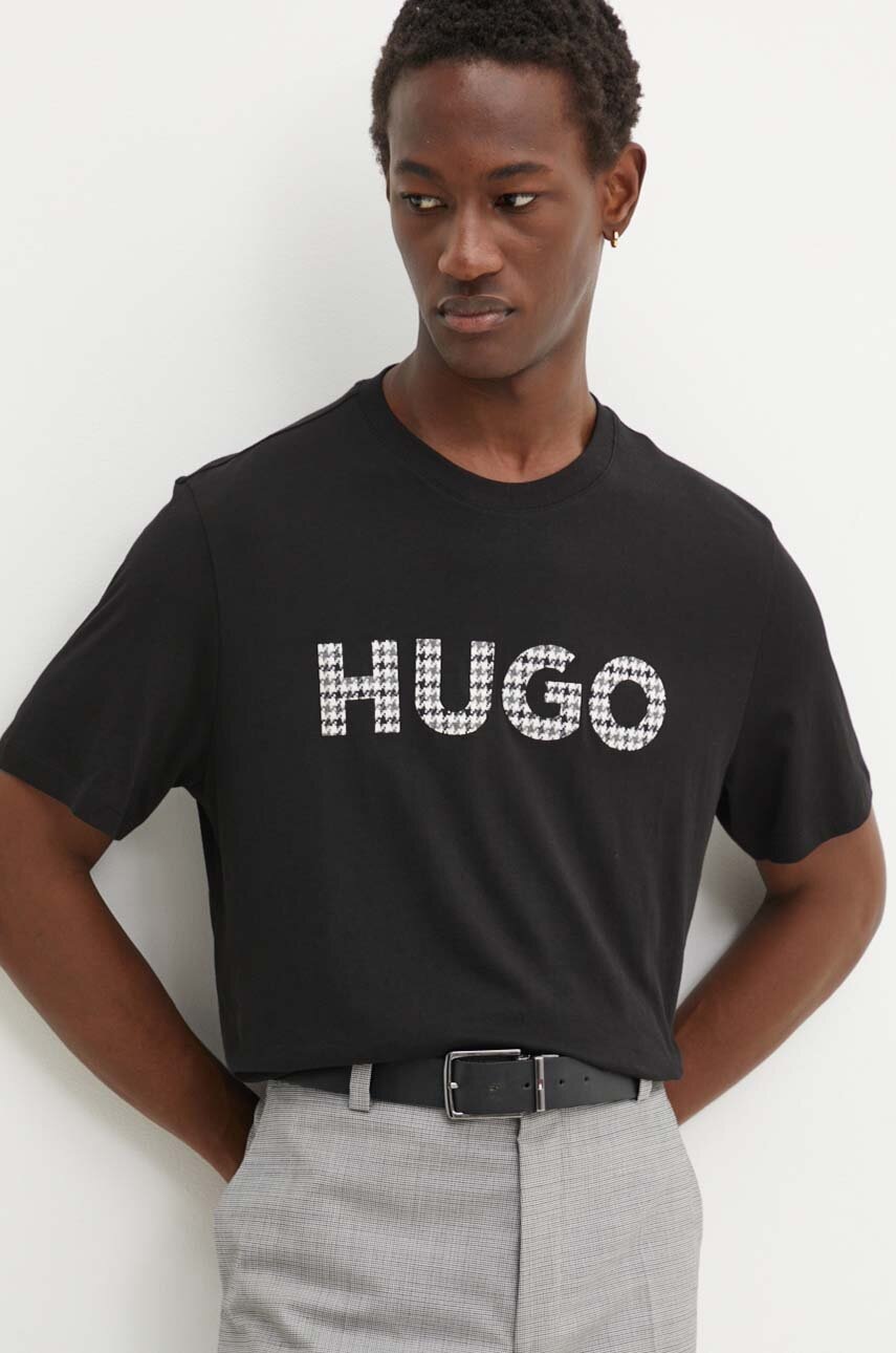 

Памучна тениска HUGO в черно с принт 50519724, Черен
