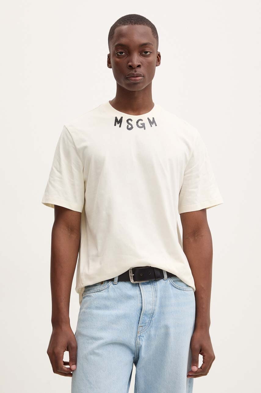 MSGM tricou din bumbac barbati, culoarea bej, cu imprimeu, 3740MM102.247798 MSGM tricou din bumbac barbati, culoarea bej, cu imprimeu, 3740MM102.247798