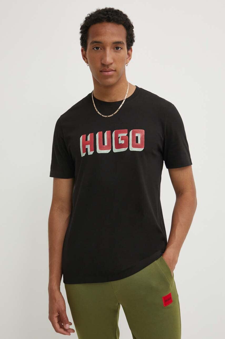 HUGO tricou din bumbac barbati, culoarea negru, cu imprimeu, 50516624