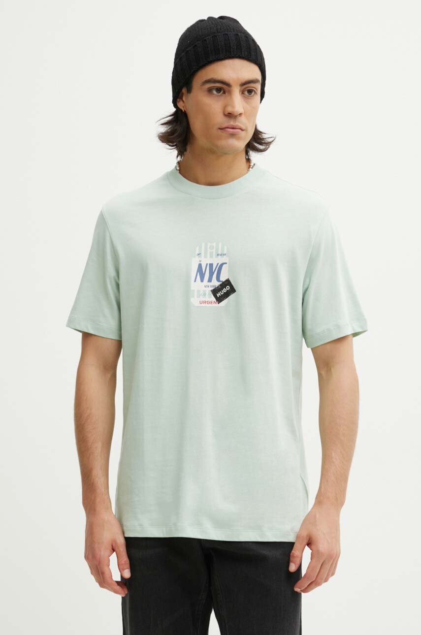 HUGO tricou din bumbac barbati, culoarea verde, cu imprimeu, 50516738