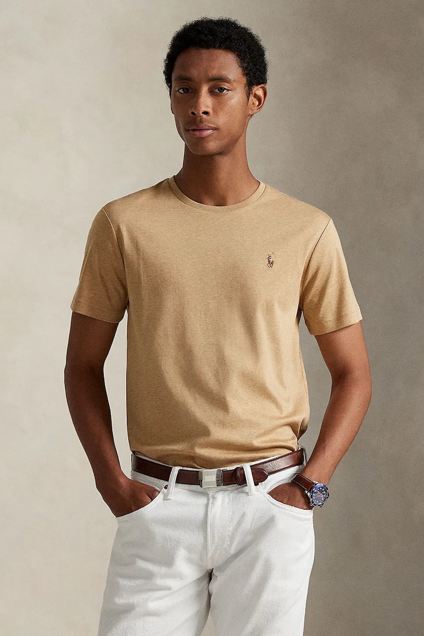 Levně Bavlněné tričko Polo Ralph Lauren pánské, béžová barva, 710740727