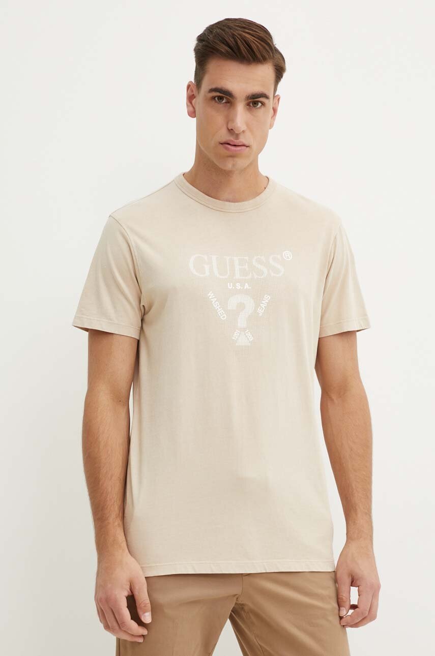 

Памучна тениска Guess в бежово с апликация M4YI05 I3Z14, Бежов