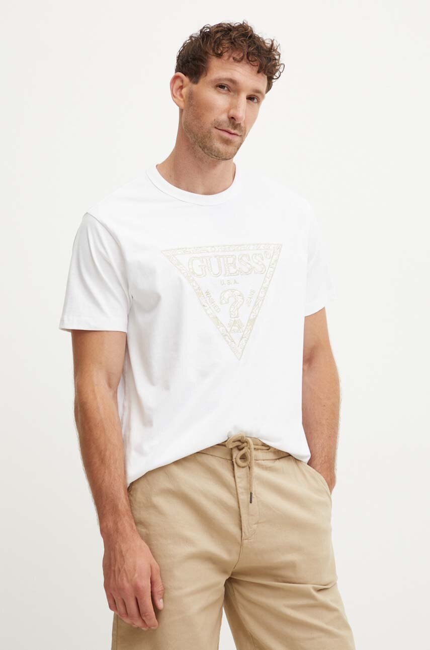 

Памучна тениска Guess в бяло с апликация M4YI26 K8FQ4, Бял