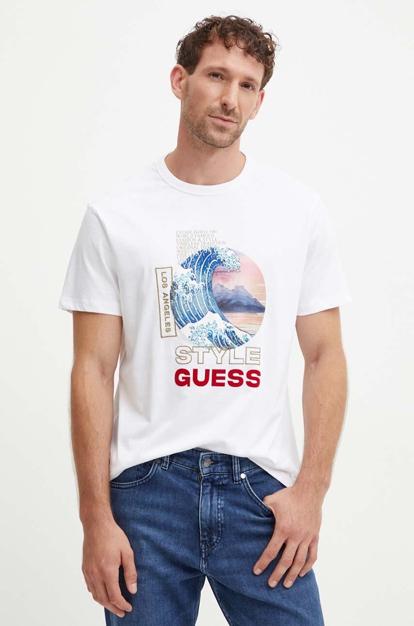 

Памучна тениска Guess в бяло с апликация M4YI12 I3Z14, Бял