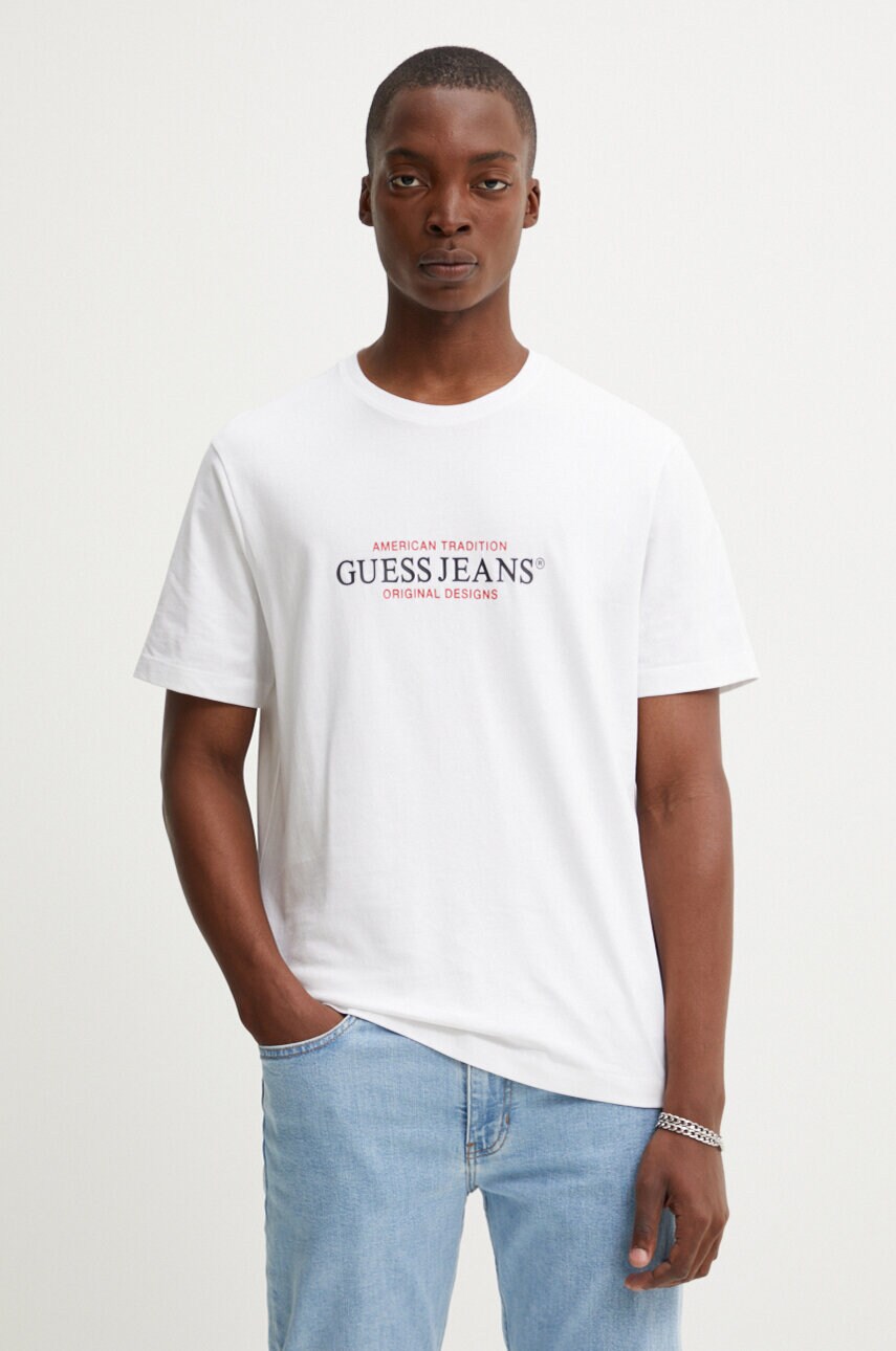 Levně Bavlněné tričko Guess Jeans bílá barva, s potiskem, M4YI42 K8FQ4