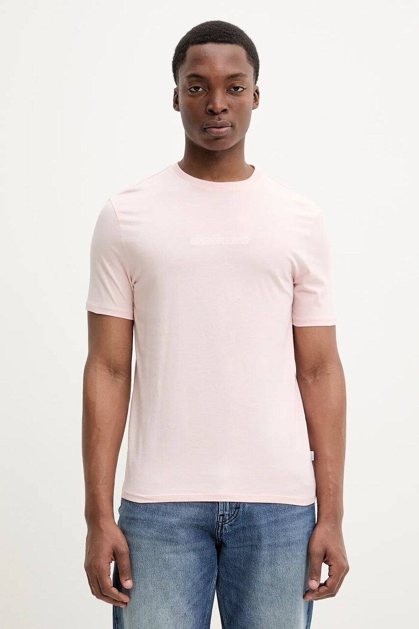 Levně Bavlněné tričko Guess Jeans růžová barva, s aplikací, M4YI52 K8HM0