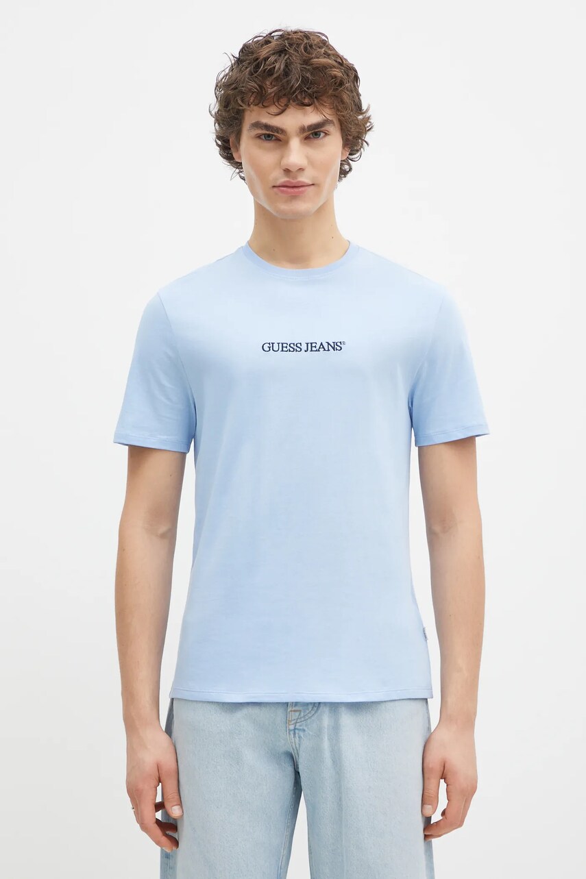 Levně Bavlněné tričko Guess Jeans modrá barva, s aplikací, M4YI52 K8HM0