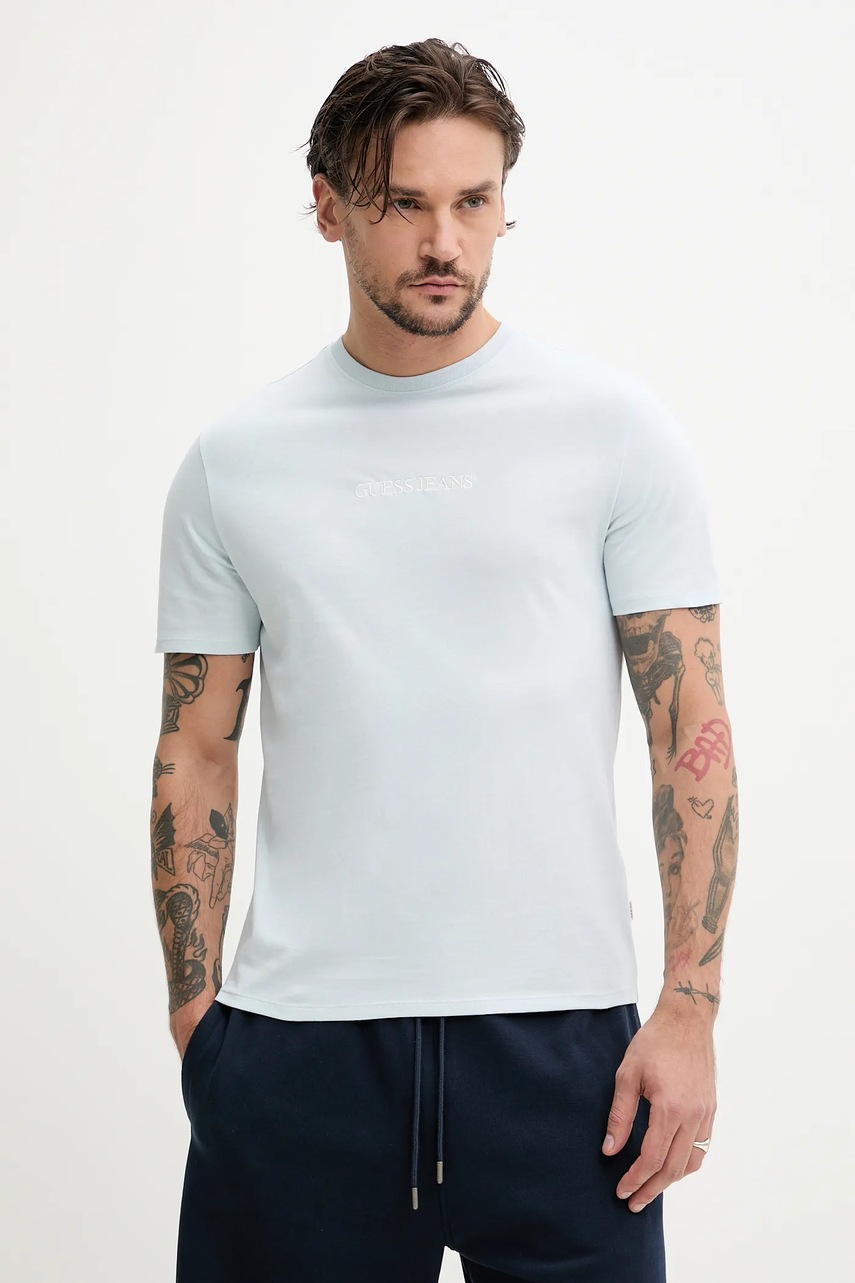

Памучна тениска Guess Jeans в синьо с апликация M4YI52 K8HM0, Син