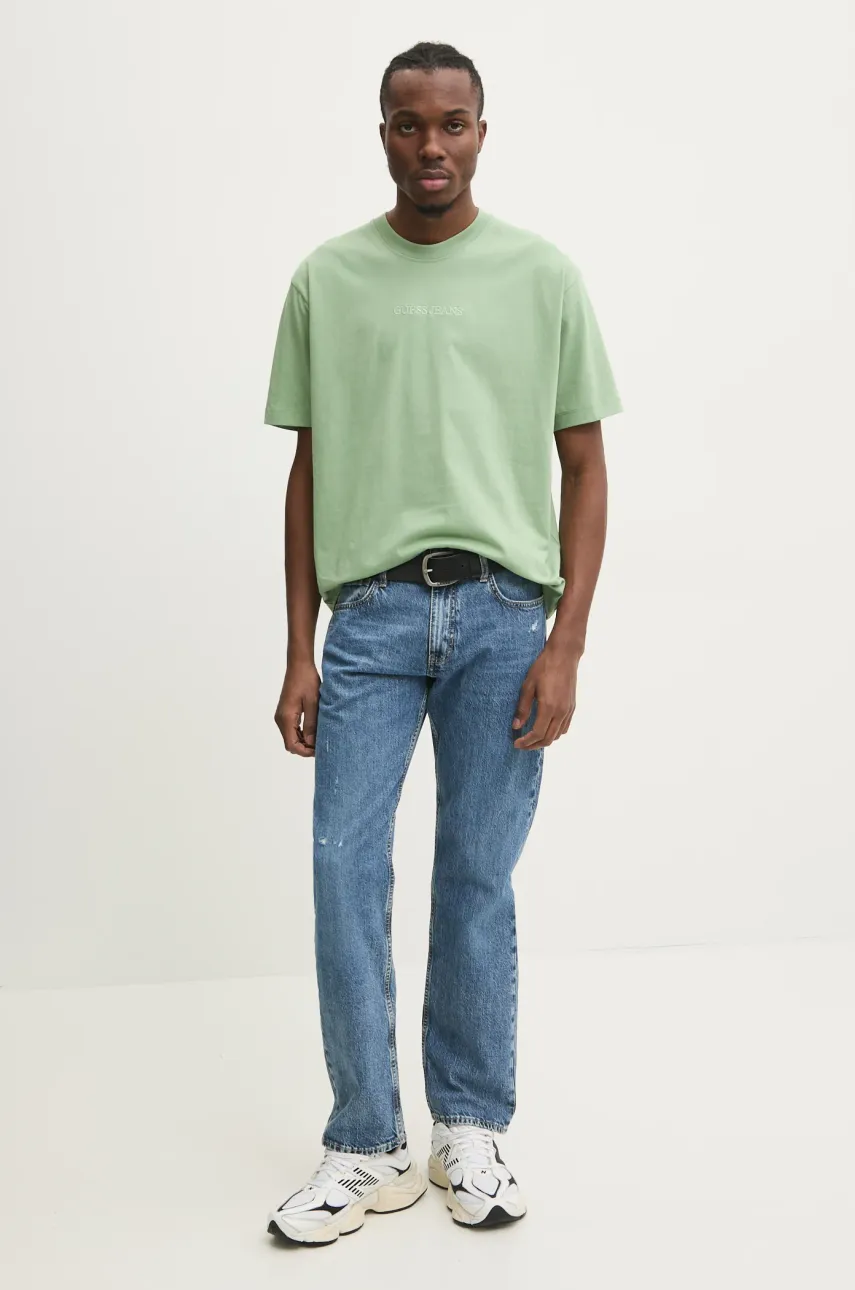 Хлопковая футболка Guess Jeans мужская цвет зелёный однотонная M4YI44 K8FQ4 Хлопковая футболка Guess Jeans мужская цвет зелёный однотонная M4YI44 K8FQ4