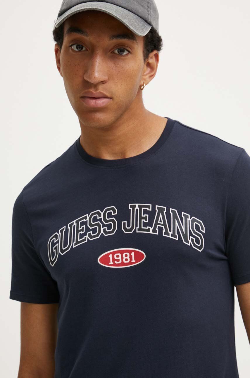 Pamučna Majica Guess Jeans Za Muškarce, Boja: Tamno Plava, S Tiskom, M4YI57 K8HM0