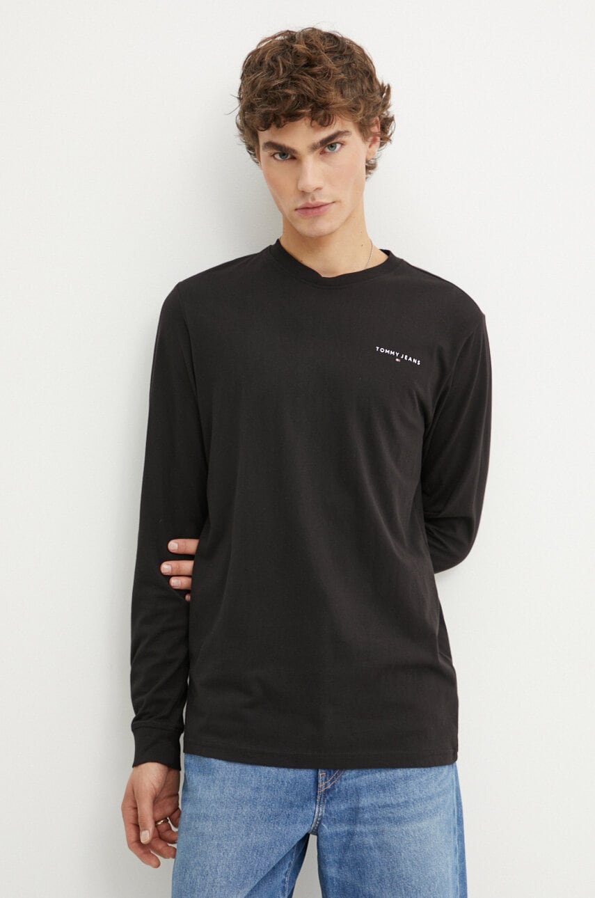 Tommy Jeans longsleeve din bumbac culoarea negru, cu imprimeu, DM0DM18551
